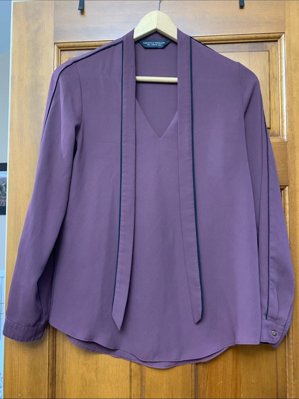 Dorothy Perkins Plum Long-Sleeve Tie-Neck Blouse with Black Trim